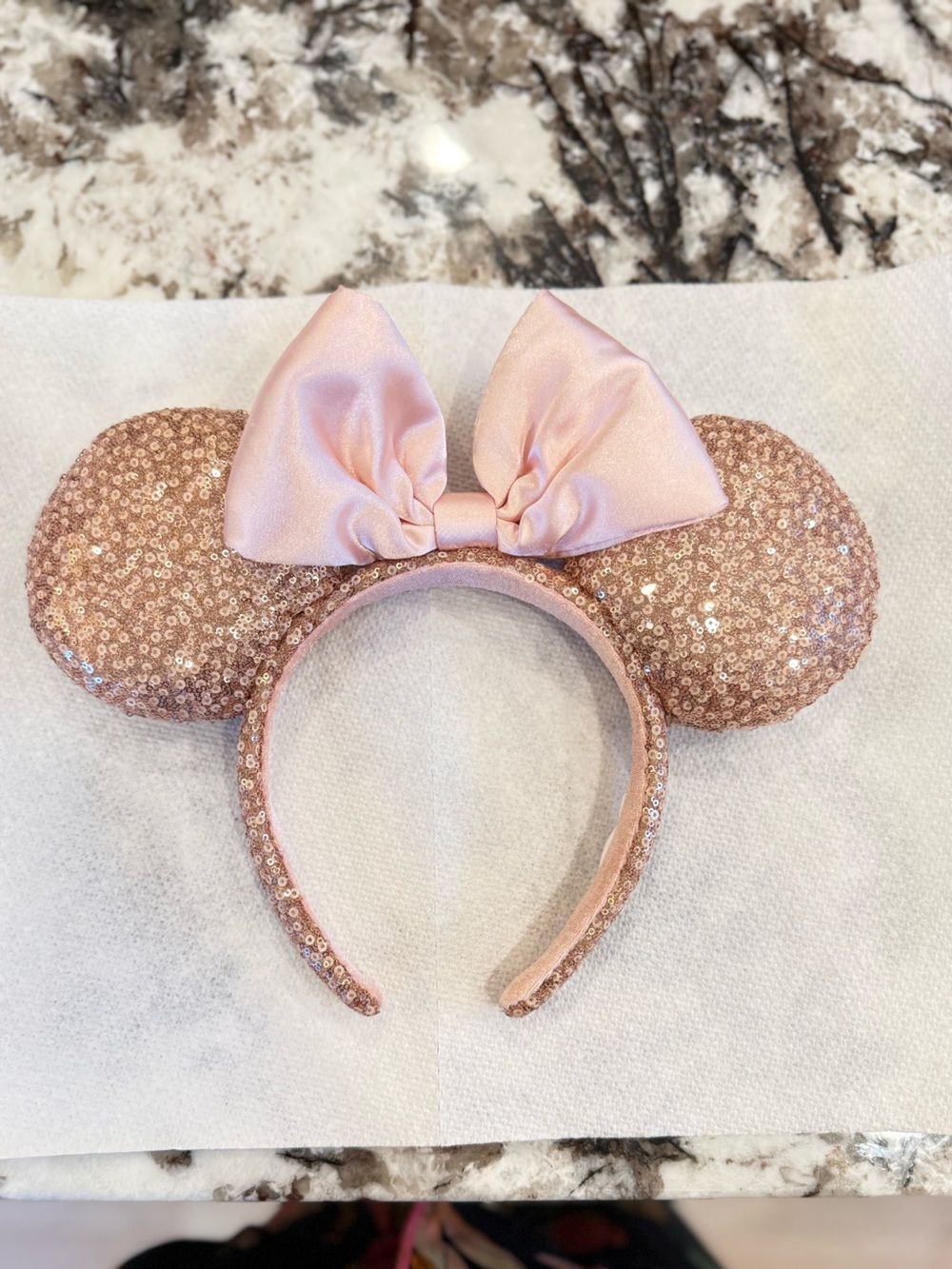Disney Minnie-Style Rose Gold Sequin Ears Headband with Satin Bow